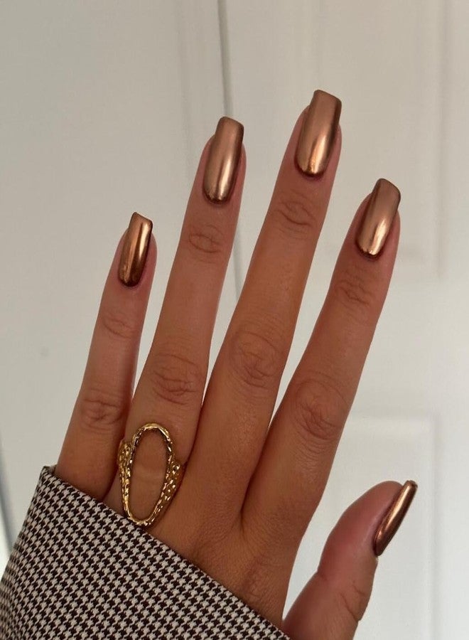 KQueenest Chrome Brown Press on Nails Short Medium Square, Glitter Bronze Fake Nails Press Ons, Sparkle Metallic Acrylic Nails Glue on, Glazed Gel Glue on Nails for Women Party Wear in 24 Pcs - Image 2